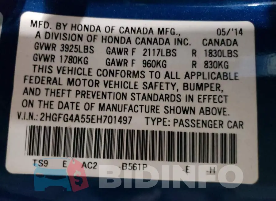 2HGFG4A55EH701497 Photo# 12