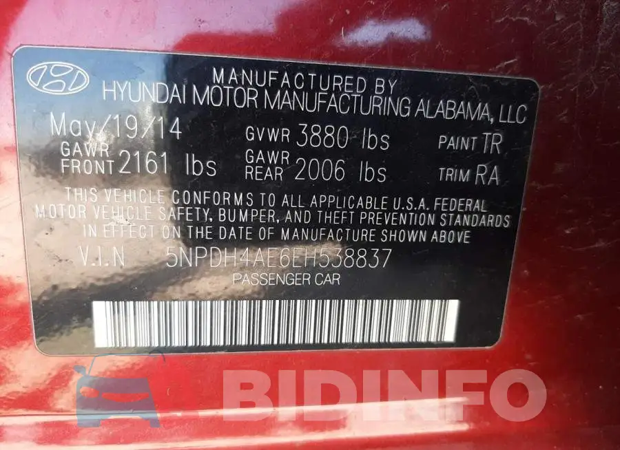 5NPDH4AE6EH538837 Photo# 13