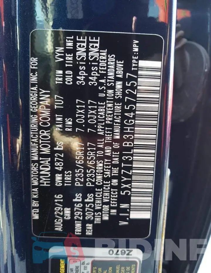 5XYZT3LB3HG457257 Photo# 13