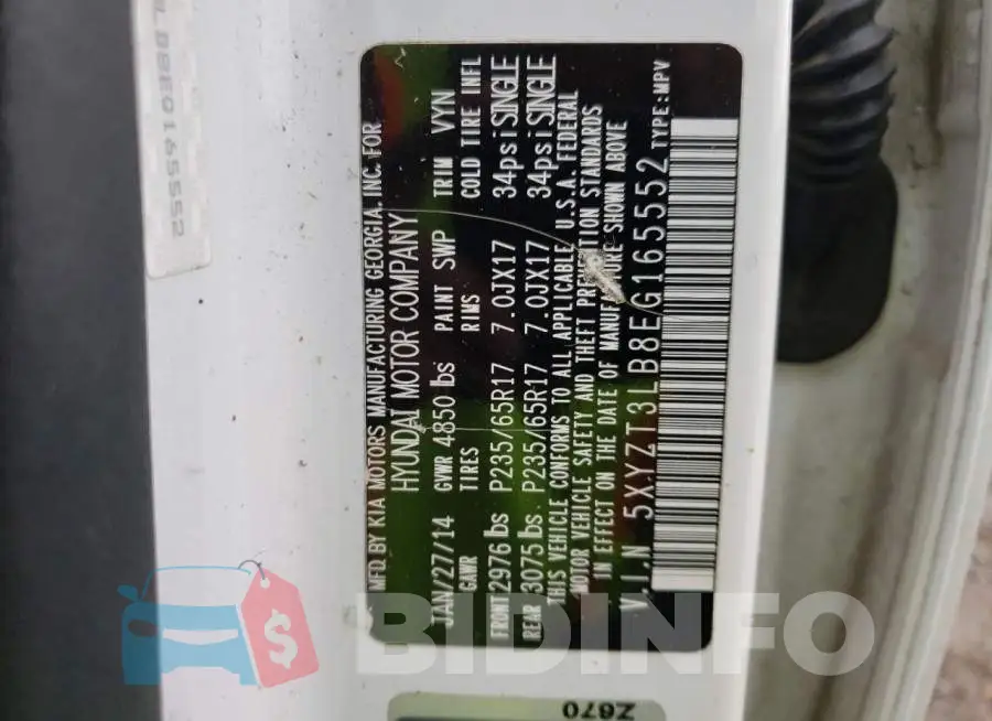 5XYZT3LB8EG165552 Photo# 13