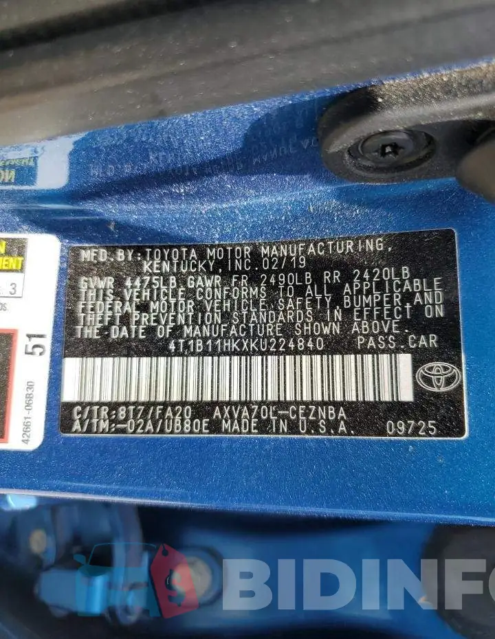 4T1B11HKXKU224840 Photo# 12