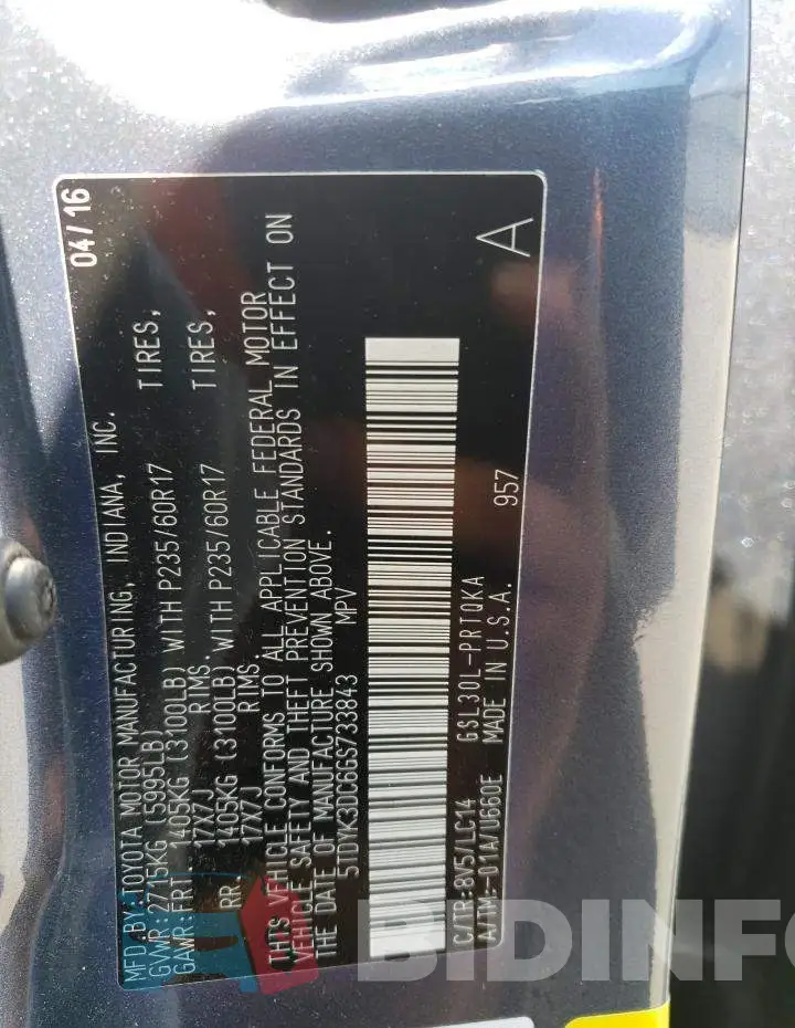 5TDYK3DC6GS733843 Photo# 13