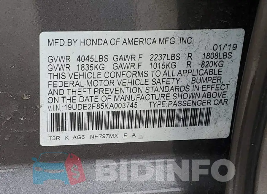 19UDE2F85KA003745 Photo# 12