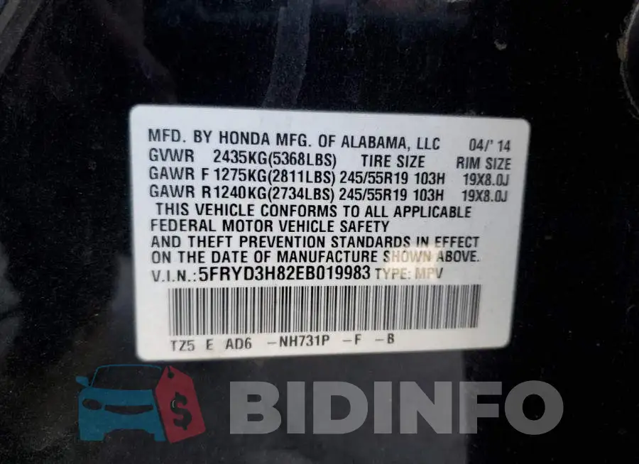 5FRYD3H82EB019983 Photo# 14