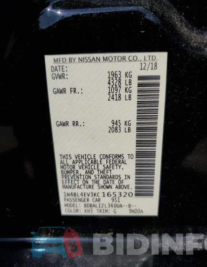 1N4BL4EV3KC165320 Photo# 12