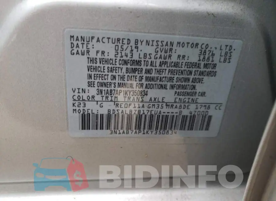 3N1AB7AP1KY350834 Photo# 13