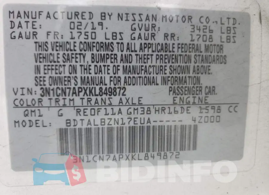 3N1CN7APXKL849872 Photo# 10