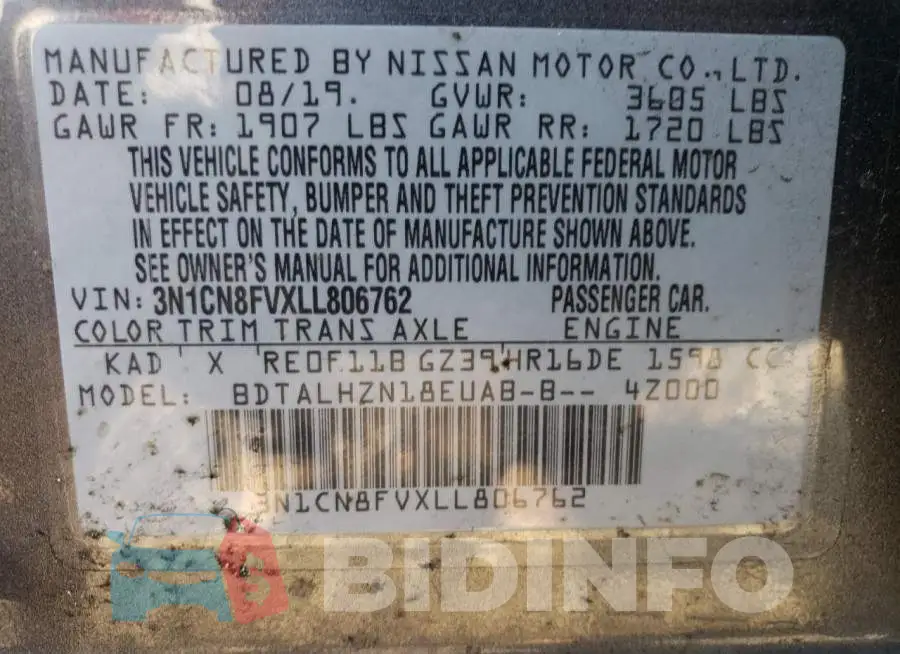 3N1CN8FVXLL806762 Photo# 12