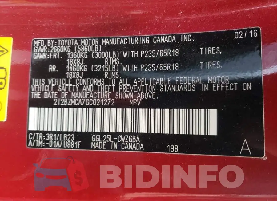 2T2BZMCA7GC021272 Photo# 12