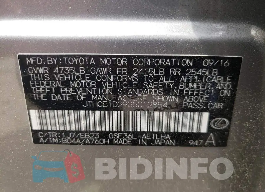 JTHCE1D29G5012854 Photo# 12