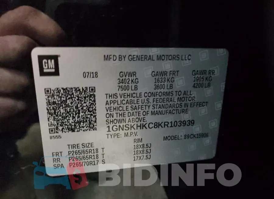 1GNSKHKC8KR103939 Photo# 13
