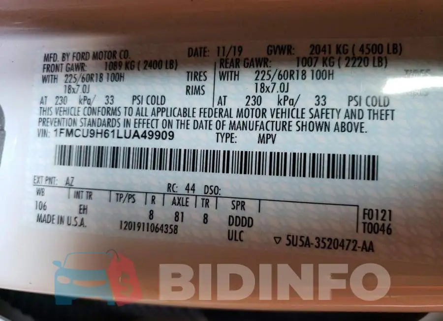 1FMCU9H61LUA49909 Photo# 13