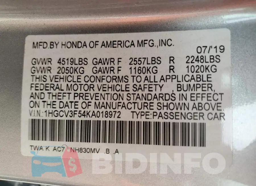 1HGCV3F54KA018972 Photo# 12
