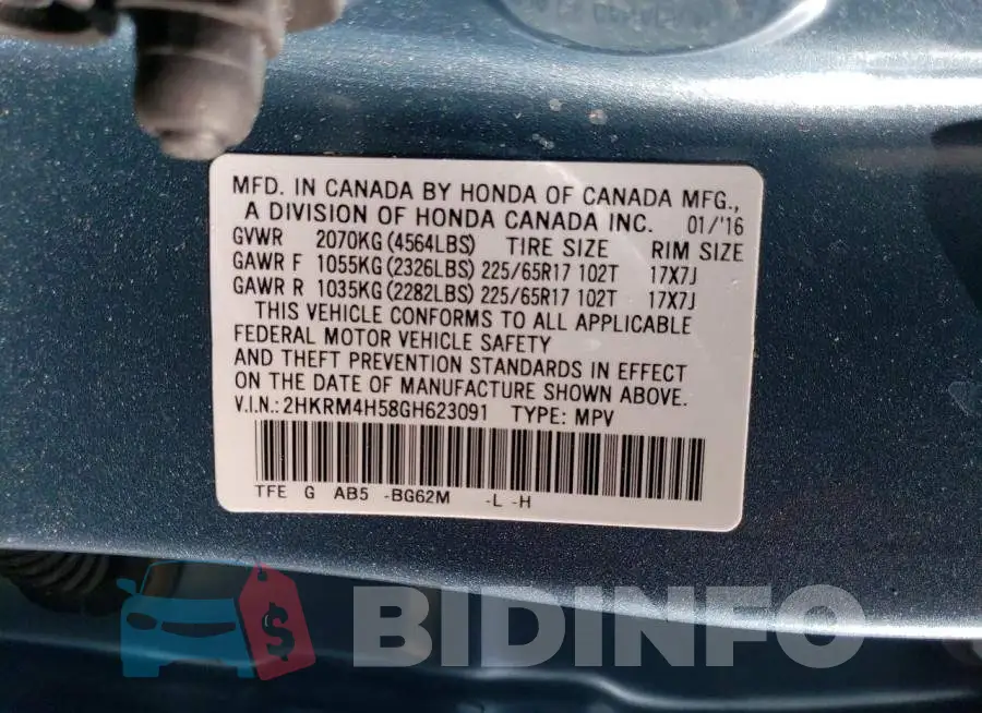 2HKRM4H58GH623091 Photo# 13