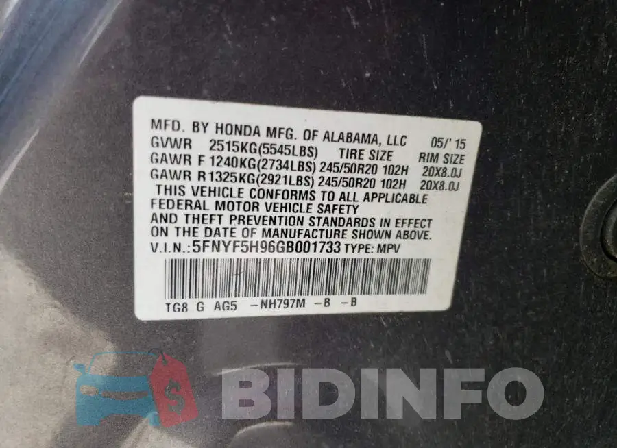 5FNYF5H96GB001733 Photo# 13