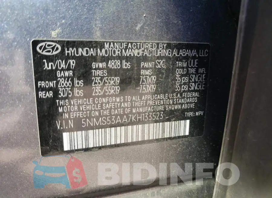 5NMS53AA7KH133523 Photo# 12