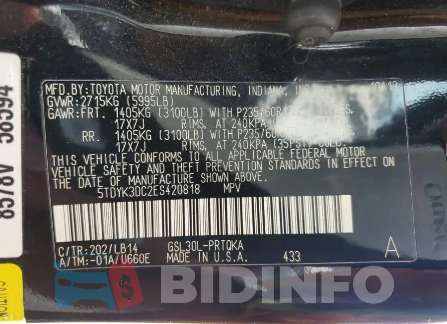 5TDYK3DC2ES420818 Photo# 13