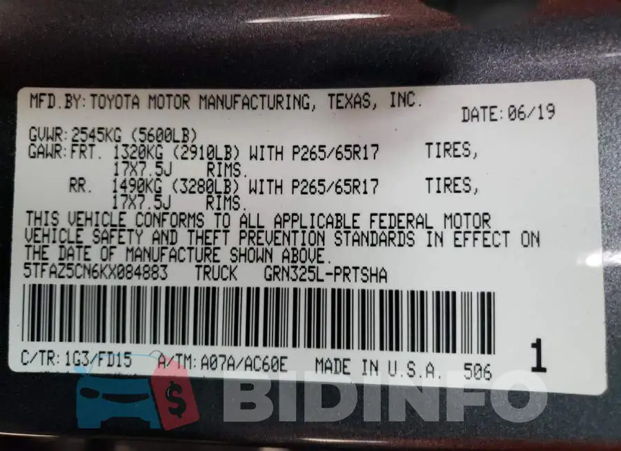 5TFAZ5CN6KX084883 Photo# 12