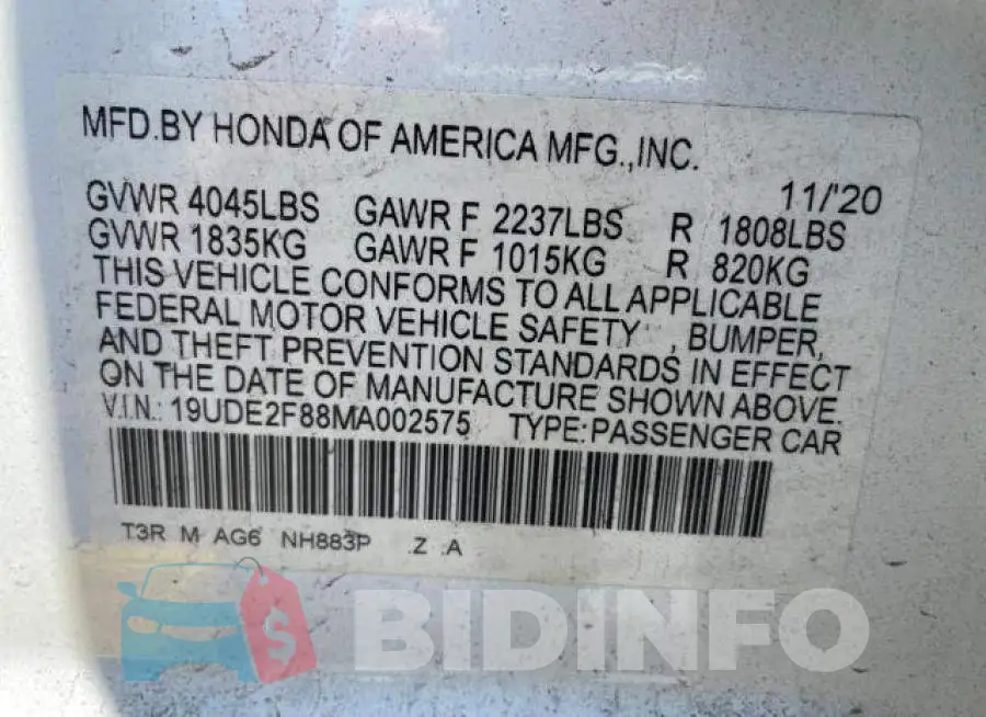 19UDE2F88MA002575 Photo# 10
