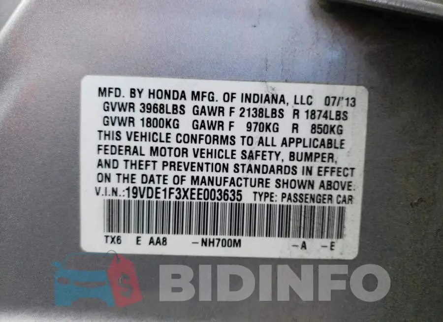 19VDE1F3XEE003635 Photo# 12