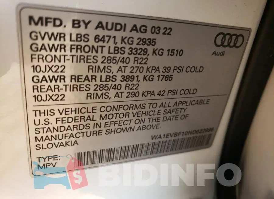 WA1EVBF10ND022996 Photo# 14