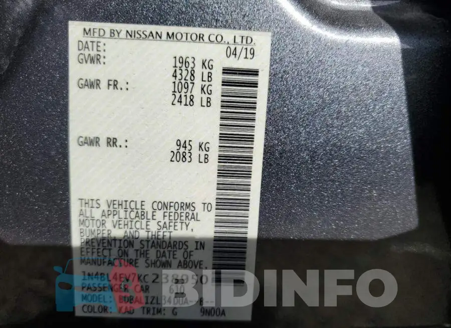 1N4BL4EV7KC238950 Photo# 13