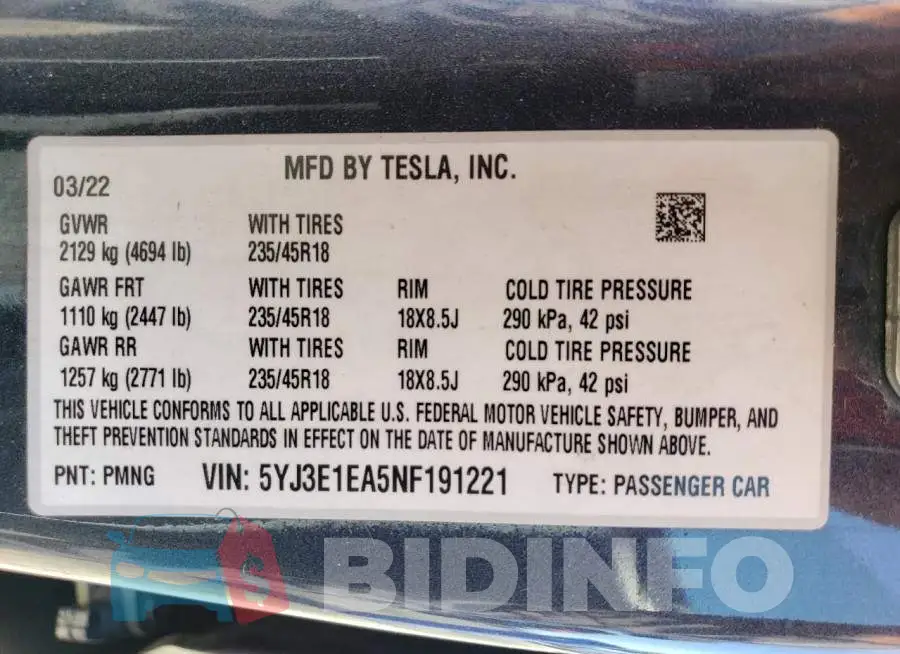 5YJ3E1EA5NF191221 Photo# 12