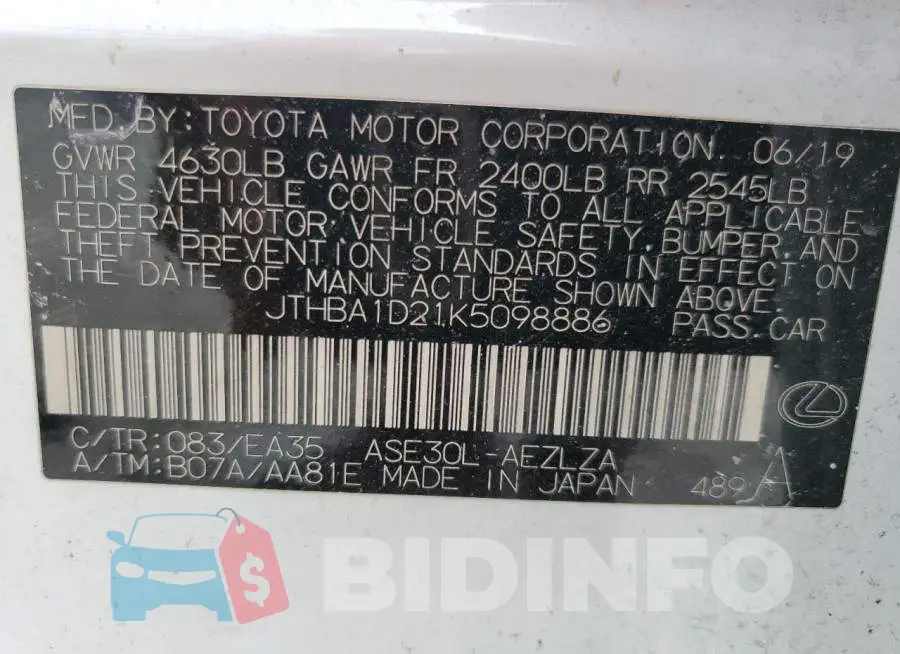 JTHBA1D21K5098886 Photo# 12