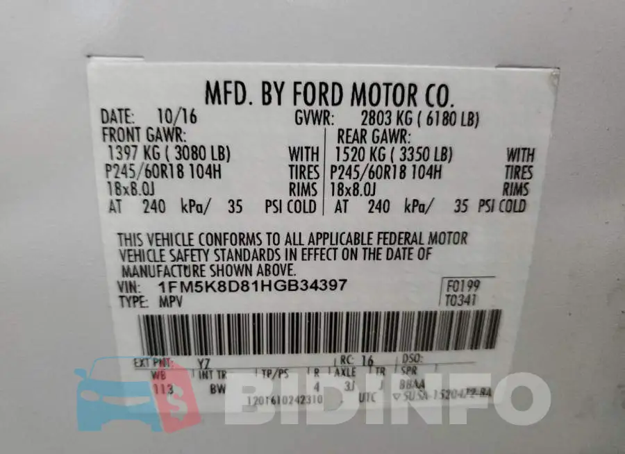1FM5K8D81HGB34397 Photo# 14