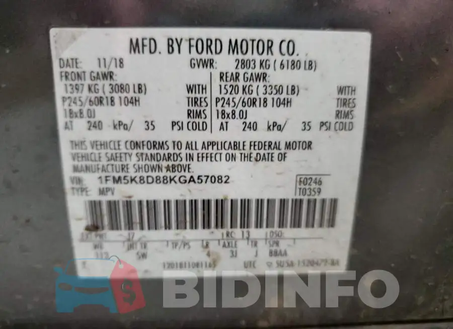 1FM5K8D88KGA57082 Photo# 14