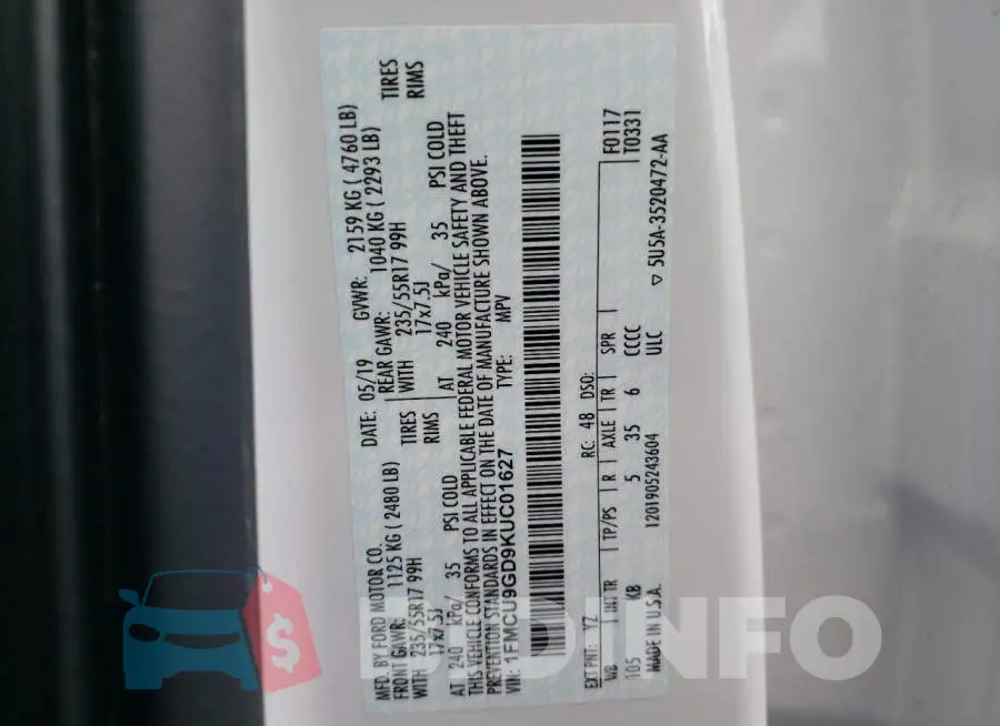 1FMCU9GD9KUC01627 Photo# 10
