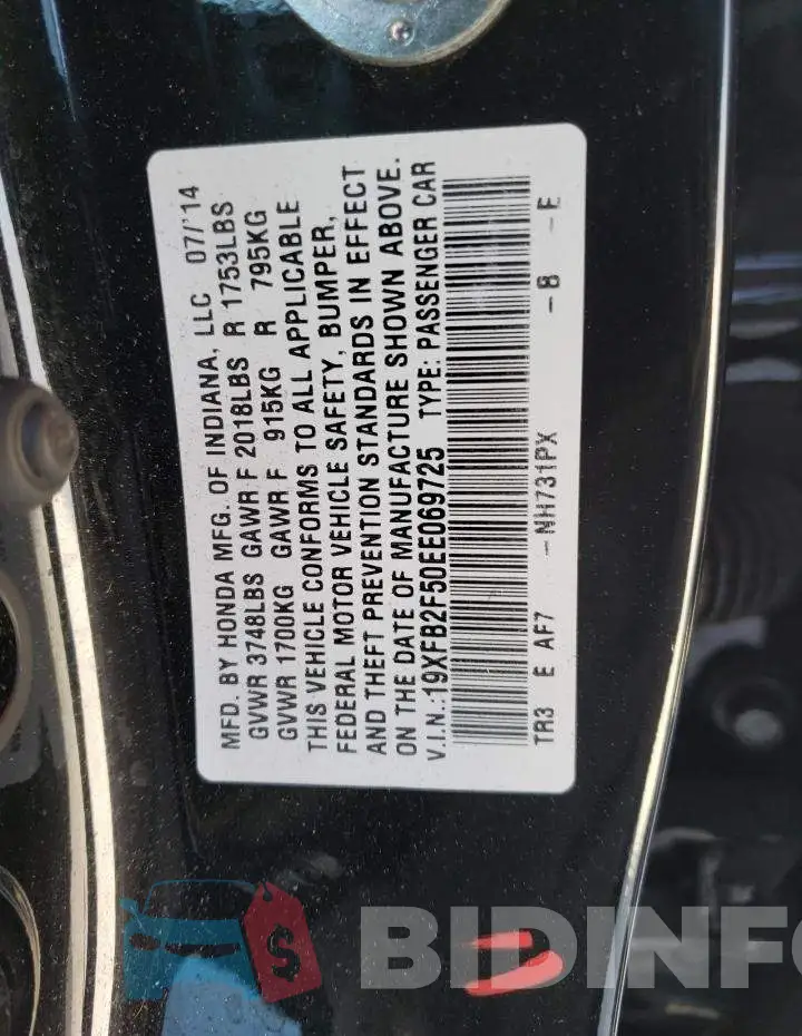 19XFB2F50EE069725 Photo# 12