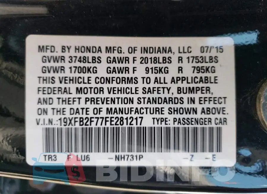 19XFB2F77FE281217 Photo# 12