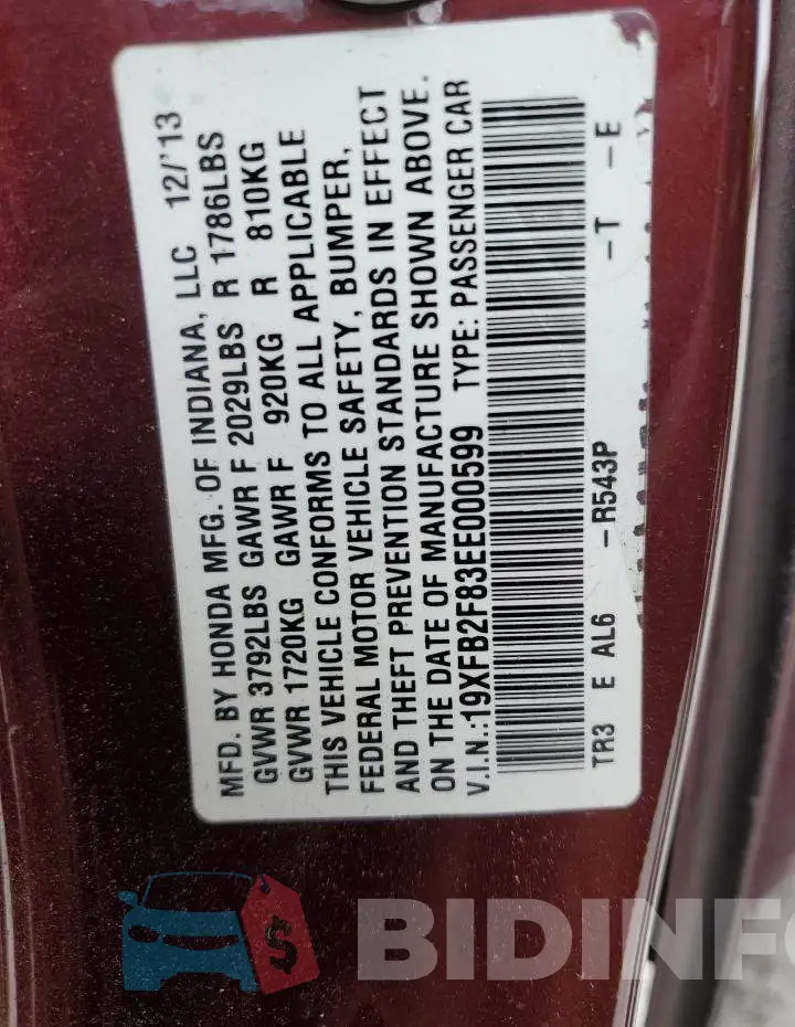 19XFB2F83EE000599 Photo# 12