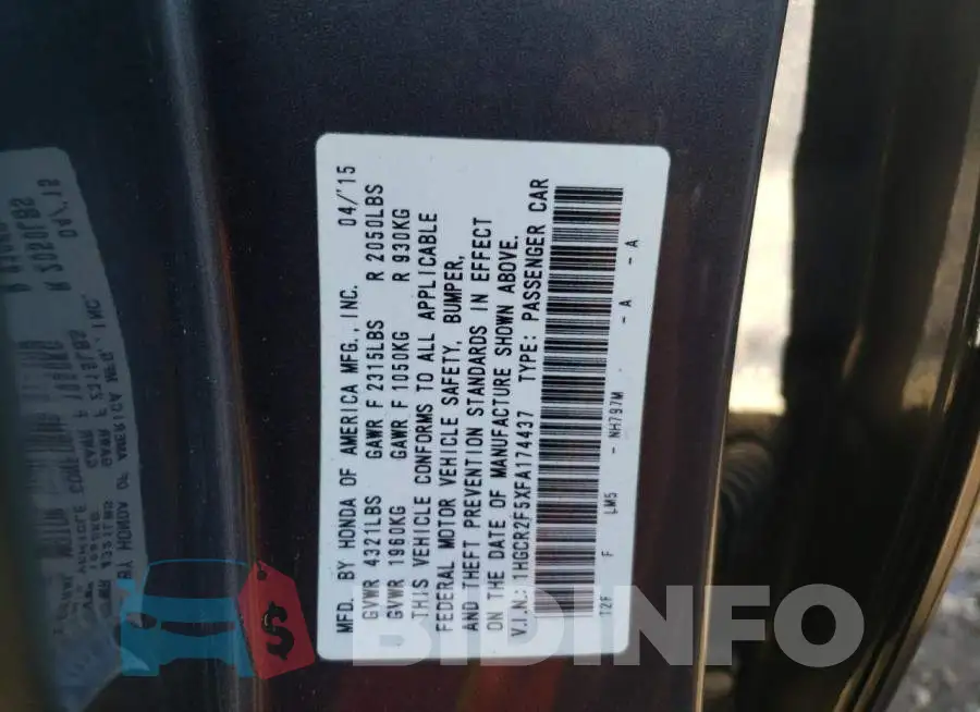 1HGCR2F5XFA174437 Photo# 13