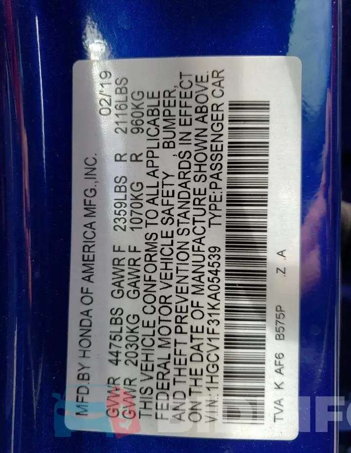 1HGCV1F31KA054539 Photo# 12