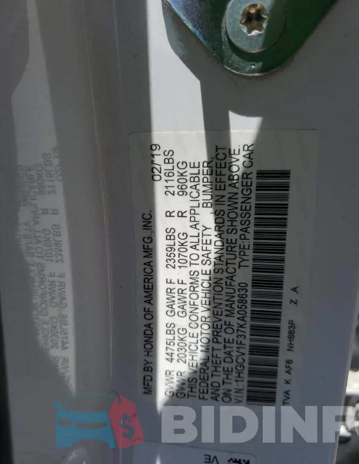 1HGCV1F37KA058630 Photo# 12