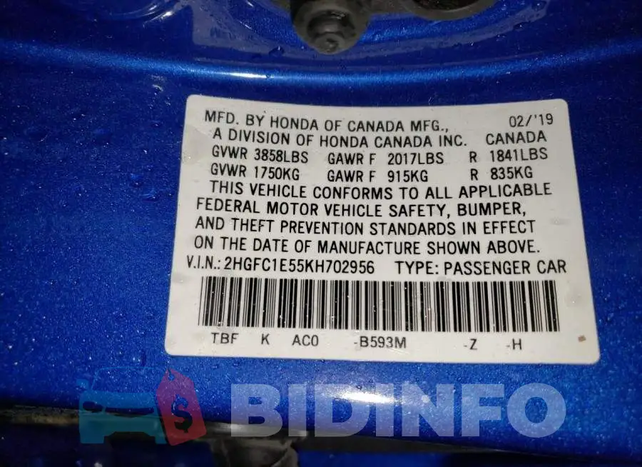 2HGFC1E55KH702956 Photo# 12