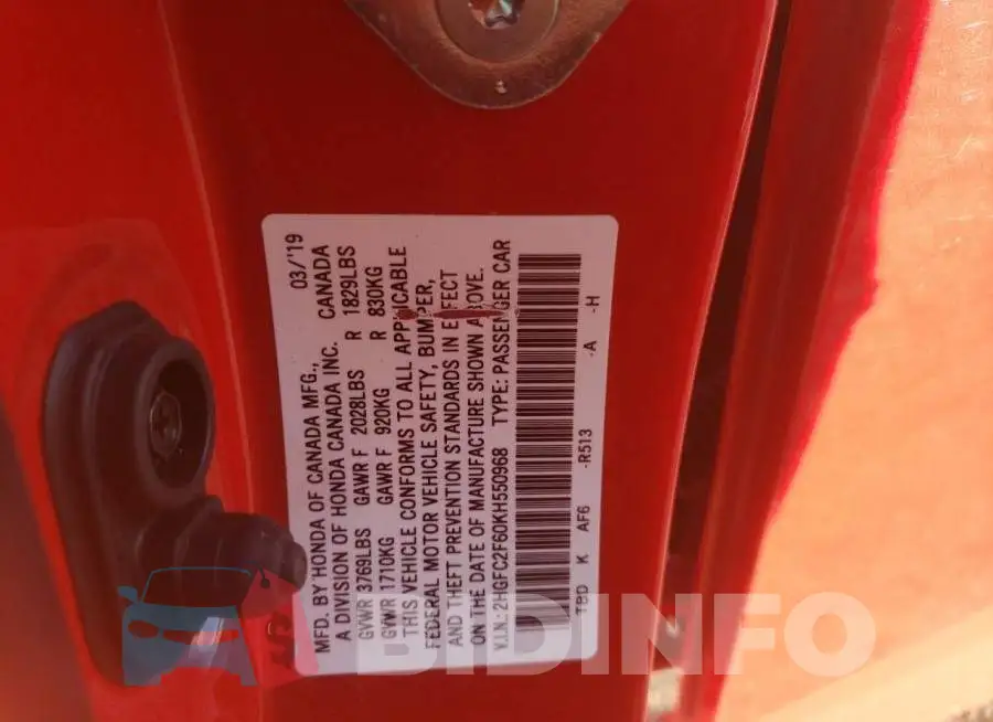 2HGFC2F60KH550968 Photo# 13