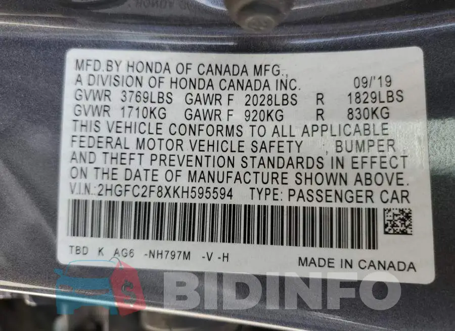 2HGFC2F8XKH595594 Photo# 12