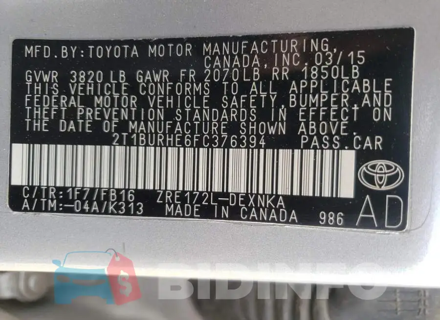 2T1BURHE6FC376394 Photo# 13
