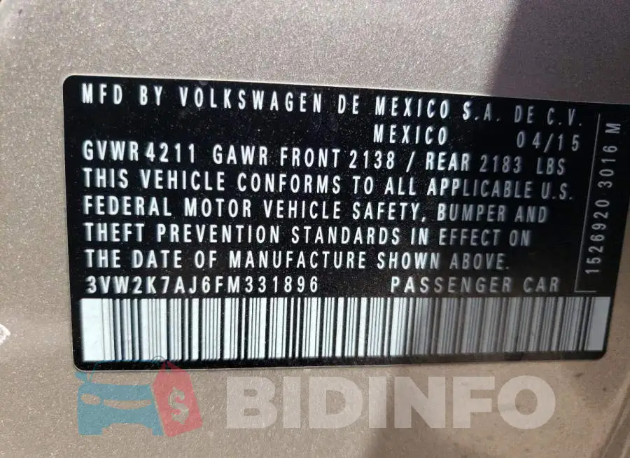 3VW2K7AJ6FM331896 Photo# 13