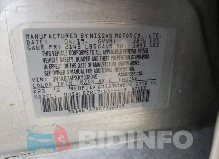 3N1AB7APXKY338049 Photo# 12