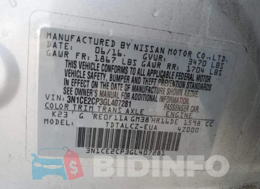 3N1CE2CP3GL407281 Photo# 13