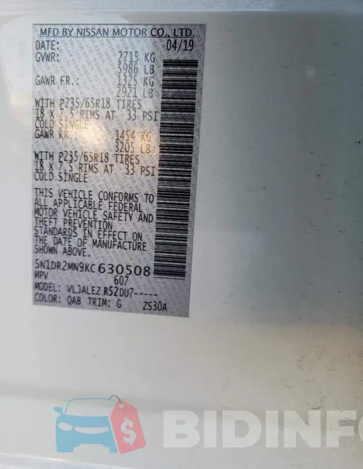 5N1DR2MN9KC630508 Photo# 13