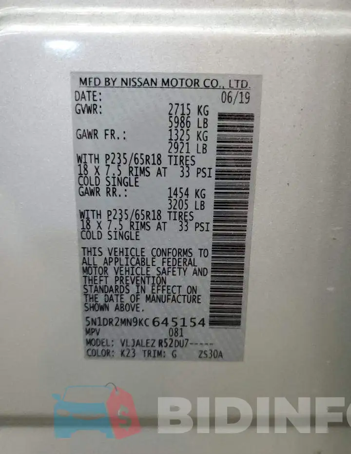 5N1DR2MN9KC645154 Photo# 13