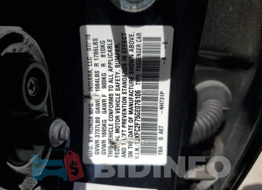 19XFC2F75GE076106 Photo# 12