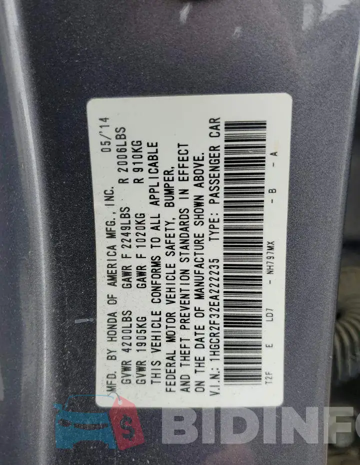 1HGCR2F32EA222235 Photo# 12