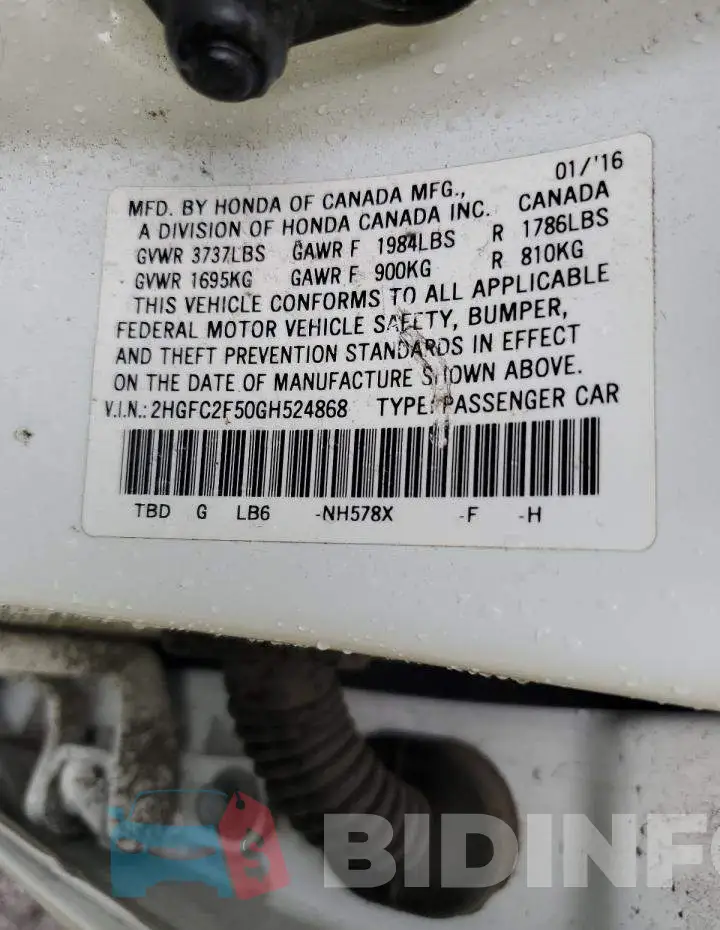 2HGFC2F50GH524868 Photo# 13