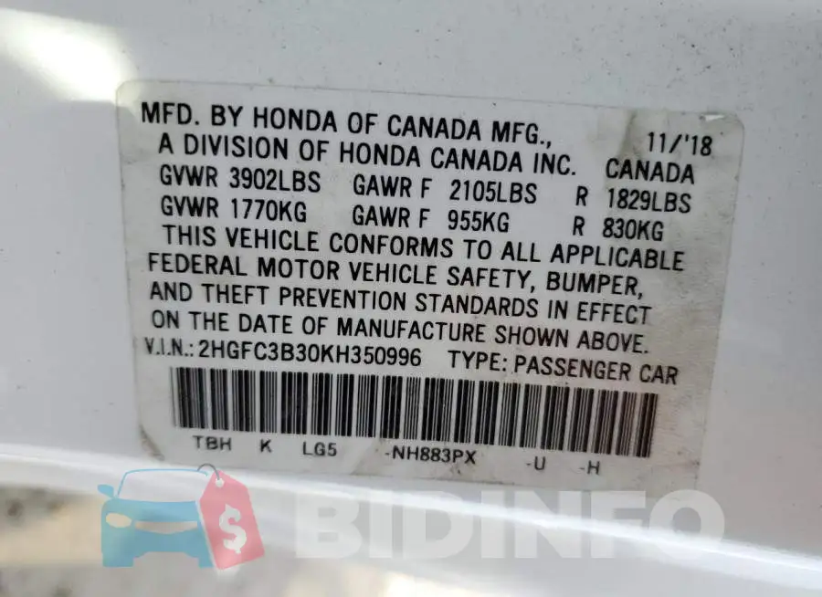 2HGFC3B30KH350996 Photo# 13